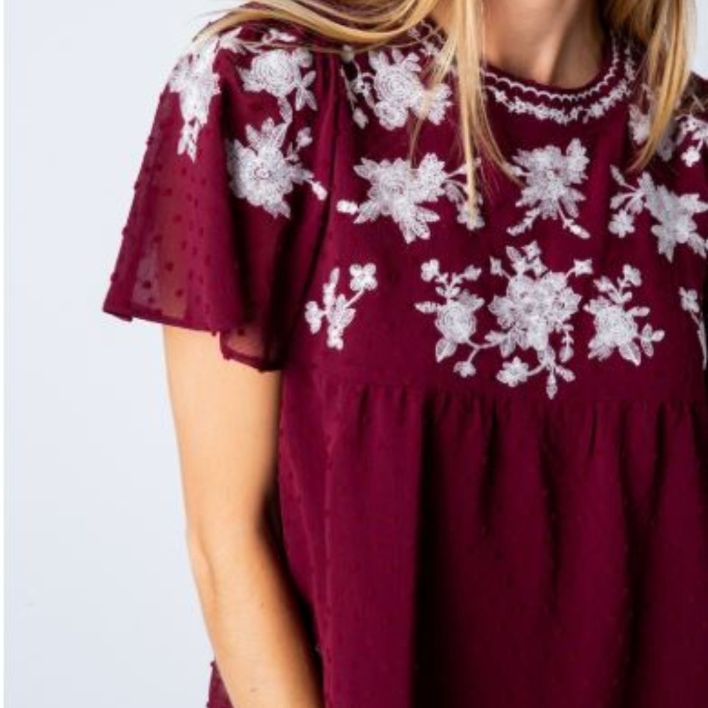 Burgundy Embroidered Swiss Dot Blouse